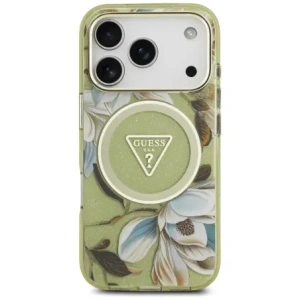 Etui Guess IML Glitter Flowers Triangle MagSafe do Apple iPhone 17 Pro Max zielony