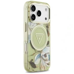 Etui Guess IML Glitter Flowers Triangle MagSafe do Apple iPhone 17 Pro Max zielony