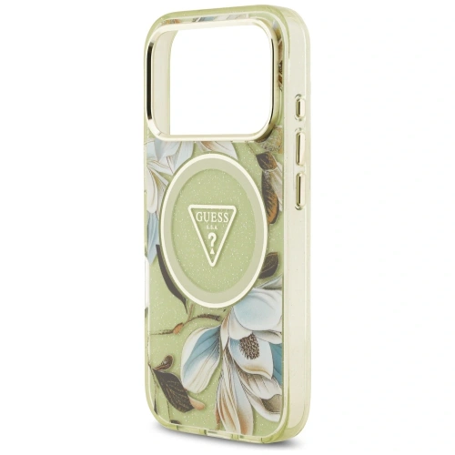Etui Guess IML Glitter Flowers Triangle MagSafe do Apple iPhone 17 Pro Max zielony
