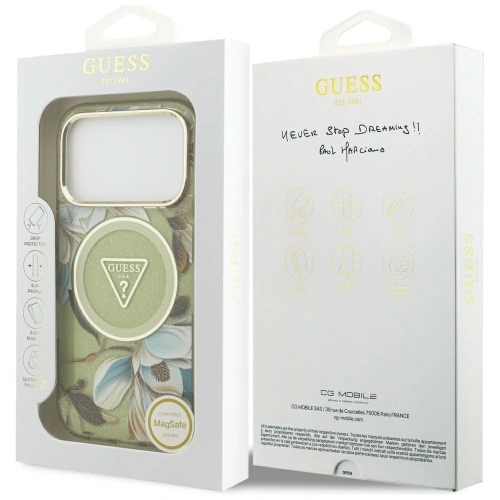 Etui Guess IML Glitter Flowers Triangle MagSafe do Apple iPhone 17 Pro Max zielony