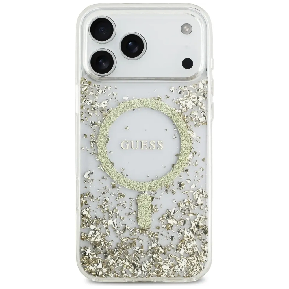 Etui Guess Resin Bottom Glitter MagSafe do Apple iPhone 17 Pro Max złoty