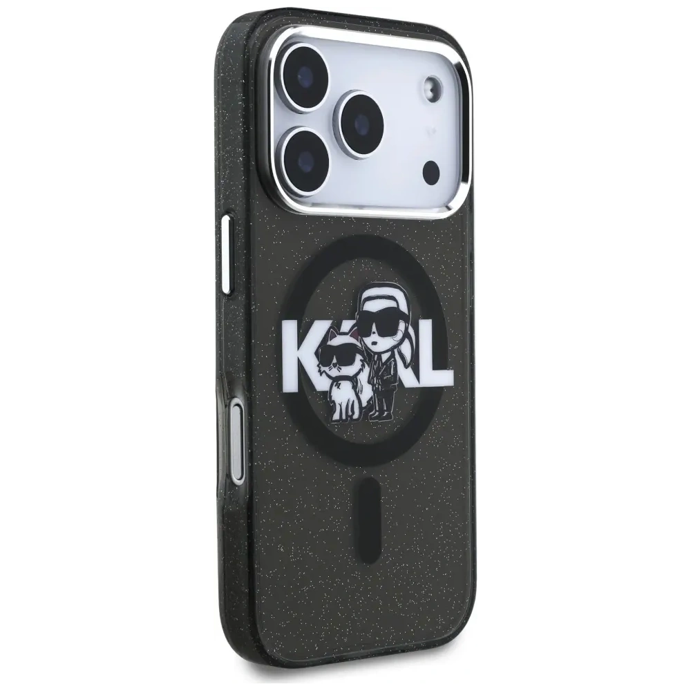 Etui Karl Lagerfeld IML Glitter Karl & Choupette Sketch Logo MagSafe do Apple iPhone 17 Pro czarny
