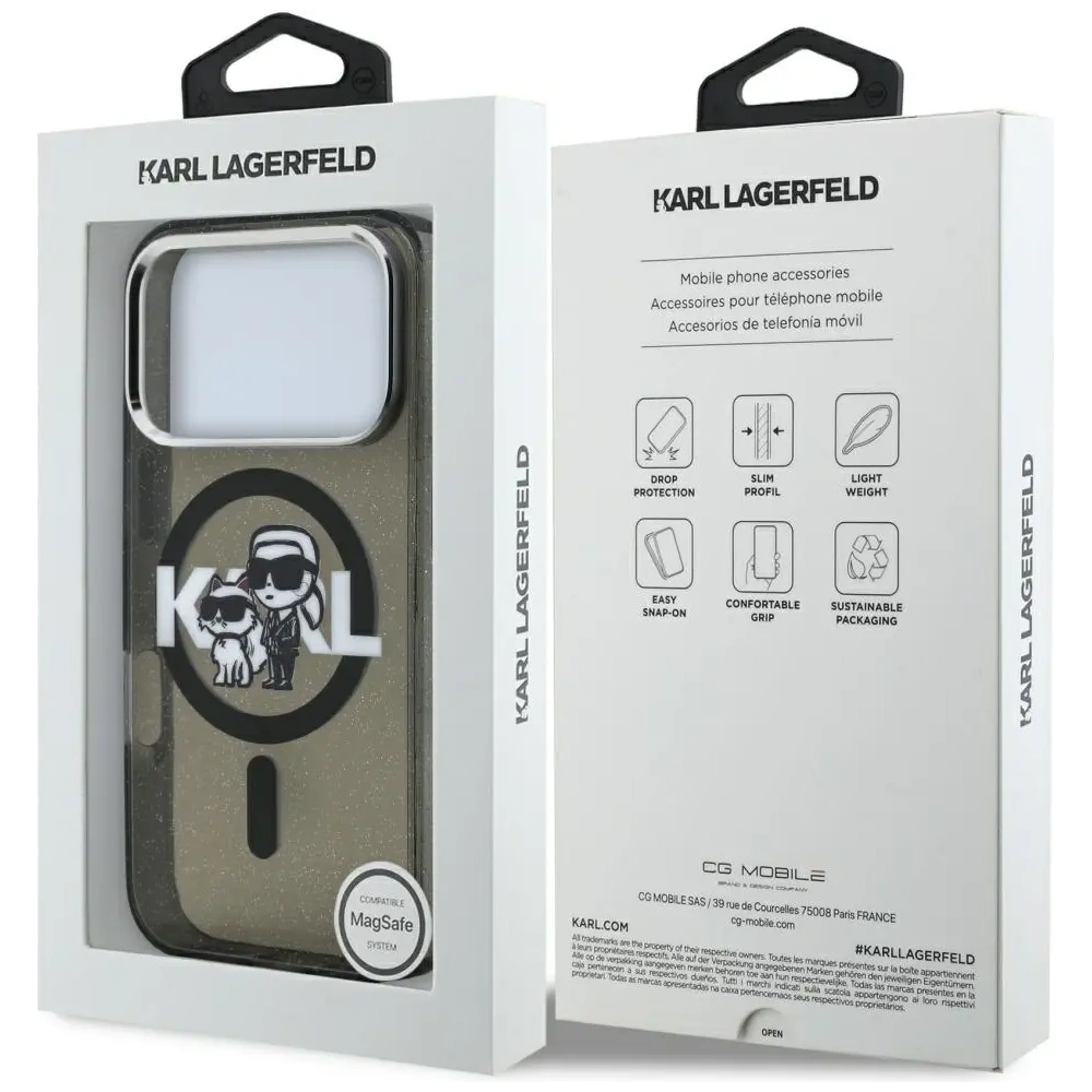 Etui Karl Lagerfeld IML Glitter Karl & Choupette Sketch Logo MagSafe do Apple iPhone 17 Pro czarny
