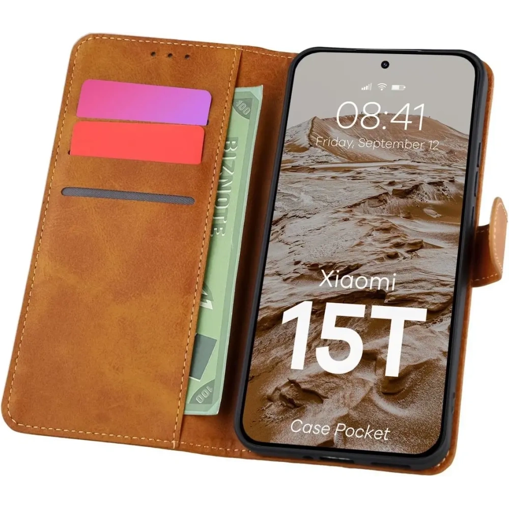 Etui z klapką Bizon Case Pocket do Xiaomi 15T brązowe