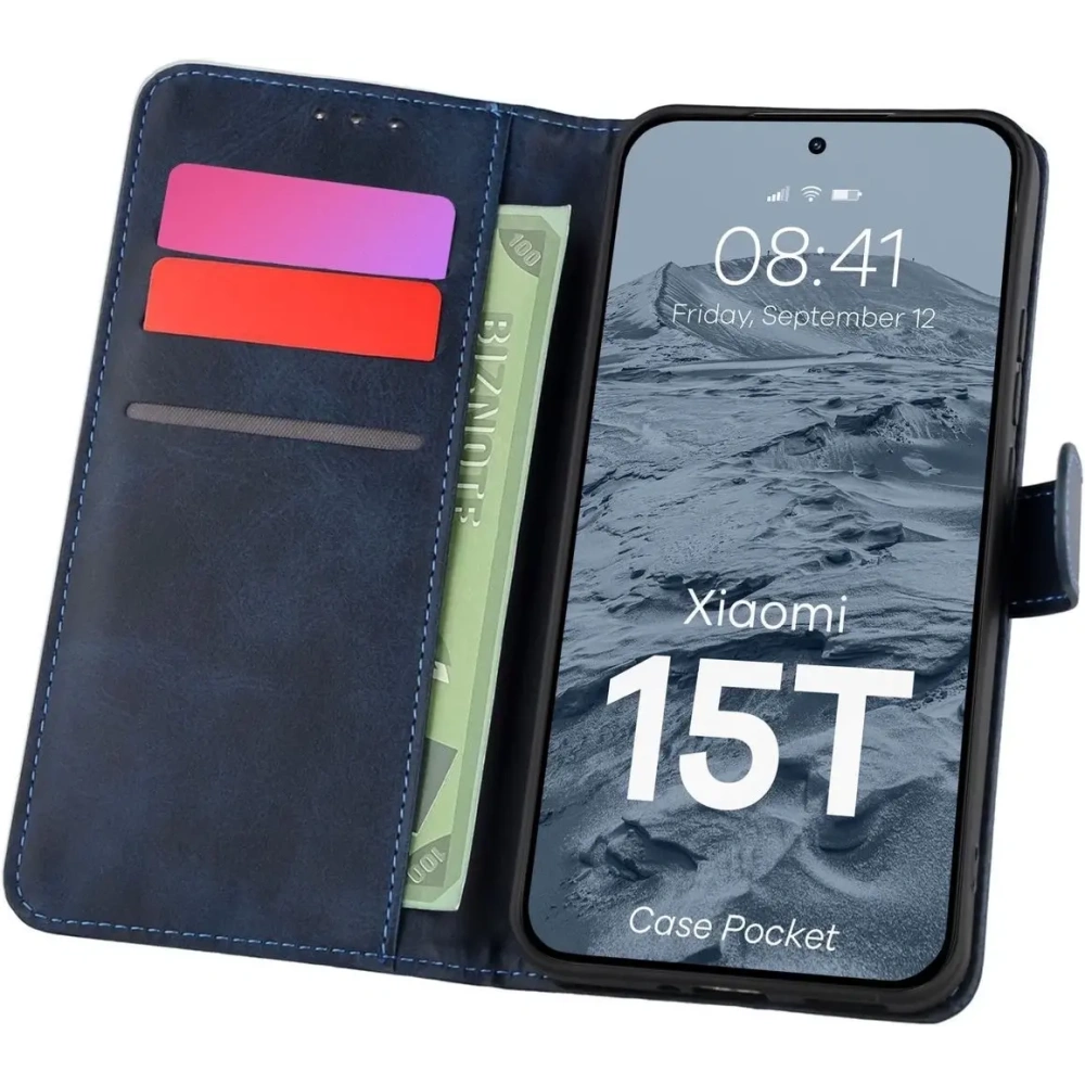 Etui z klapką Bizon Case Pocket do Xiaomi 15T granatowe