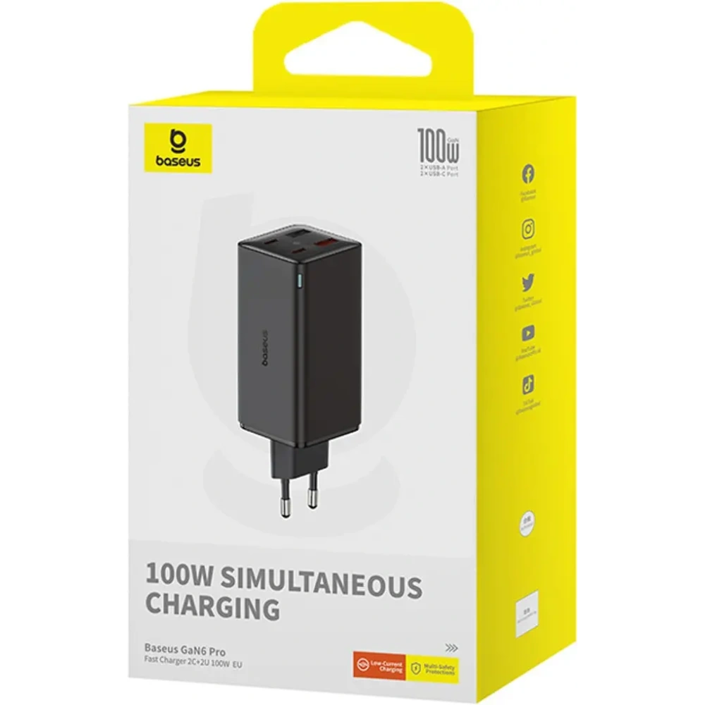 Ładowarka Baseus GaN6 Pro 100W 2xUSB-A, 2xUSB-C + kabel USB-C 100W 1m czarna