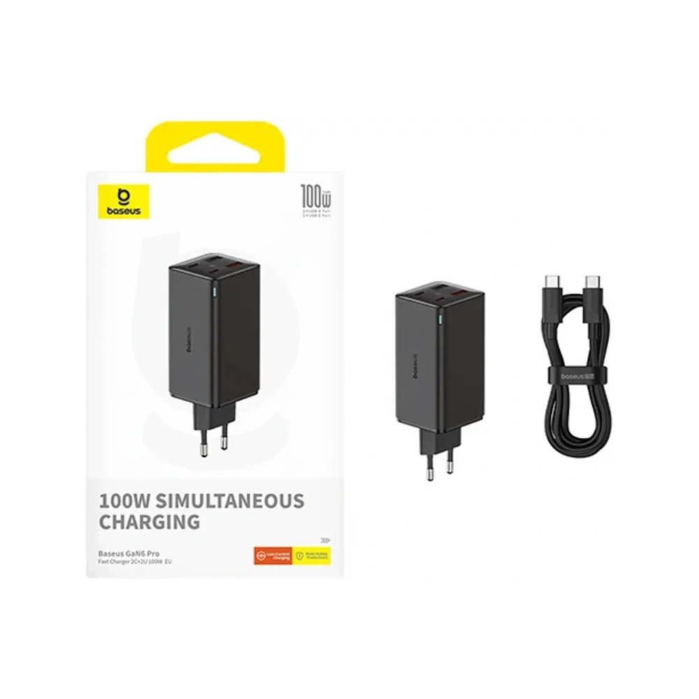 Ładowarka Baseus GaN6 Pro 100W 2xUSB-A, 2xUSB-C + kabel USB-C 100W 1m czarna