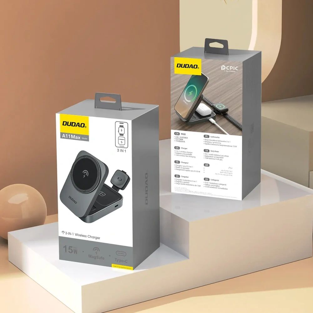 Stacja ładująca 3 w 1 iPhone Apple Watch AirPods Dudao A11 Max indukcyjna kompatybilna z MagSafe Grey