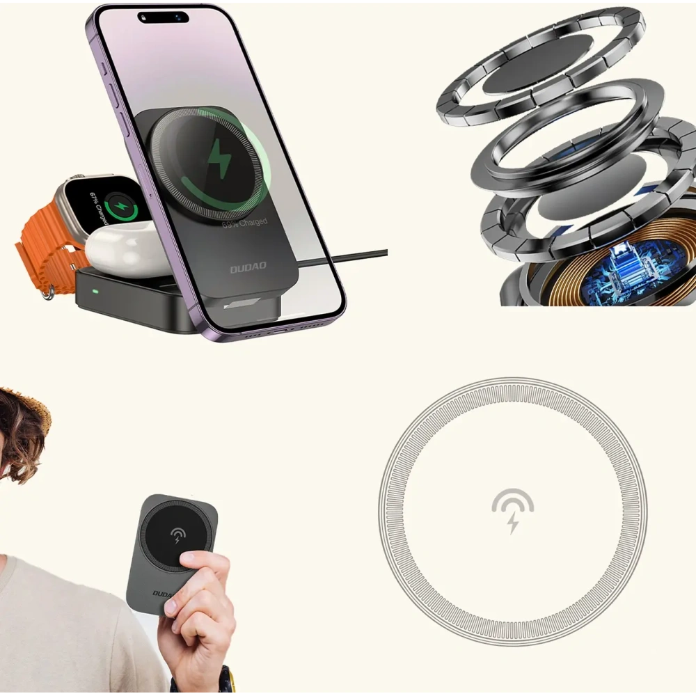 Stacja ładująca 3 w 1 iPhone Apple Watch AirPods Dudao A11 Max indukcyjna kompatybilna z MagSafe Grey