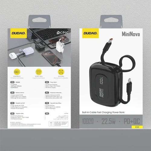 Powerbank Dudao K32 10000 mAh z wbudowanym kablem USB-C / Lightning - czarny Powerbank Dudao K32 10000 mAh z wbudowanym kablem USB-C / Lightning - czarny