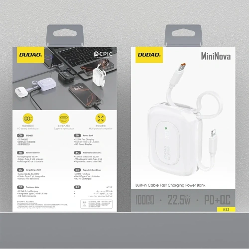 Powerbank Dudao K32 10000 mAh z wbudowanym kablem USB-C / Lightning - biały Powerbank Dudao K32 10000 mAh z wbudowanym kablem USB-C / Lightning - biały