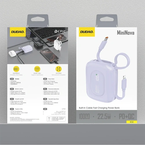 Powerbank Dudao K32 10000 mAh z wbudowanym kablem USB-C / Lightning - fioletowy Powerbank Dudao K32 10000 mAh z wbudowanym kablem USB-C / Lightning - fioletowy