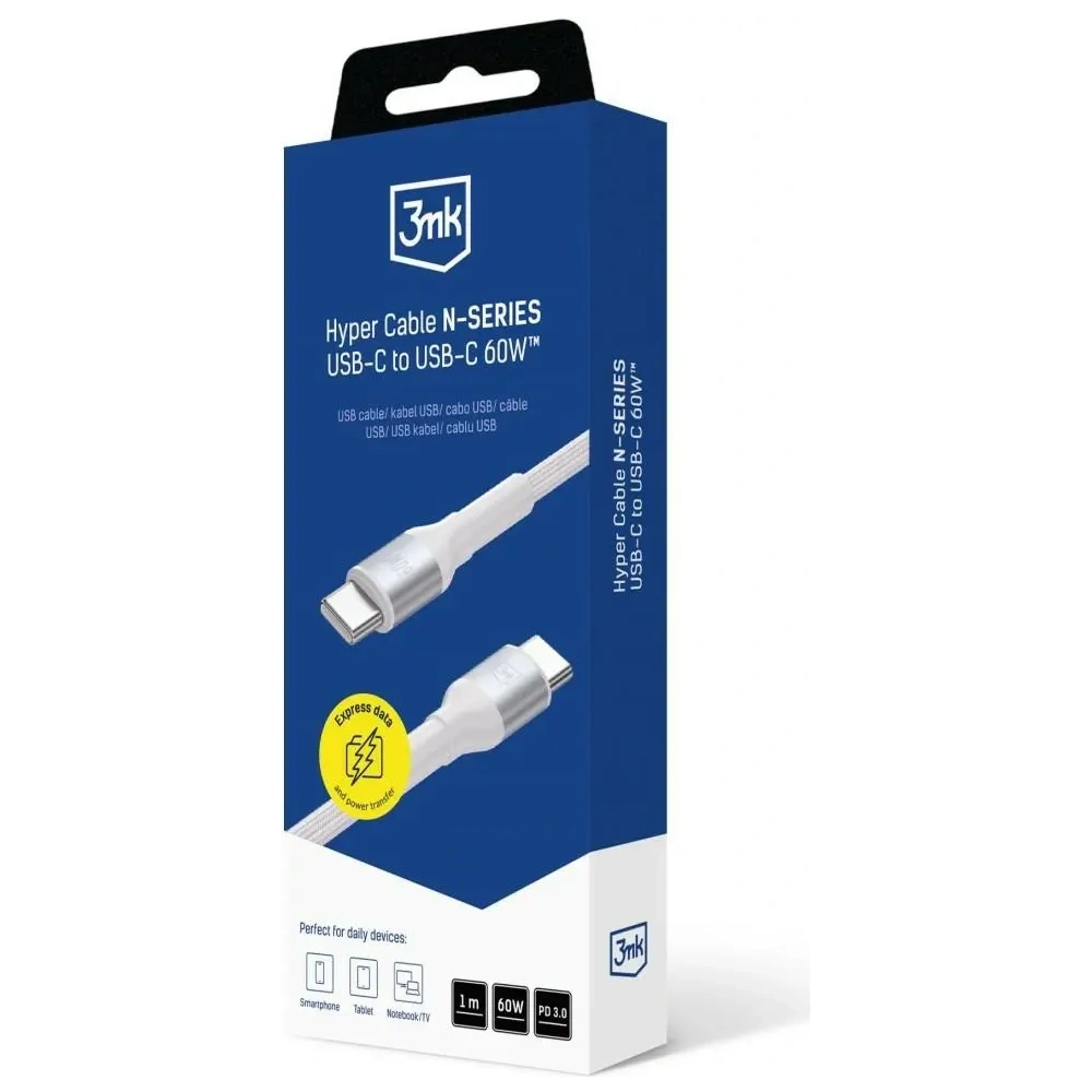 Kabel 3MK Hyper Cable N-SERIES USB-C / USB-C 1m 20V/3A 60W biały
