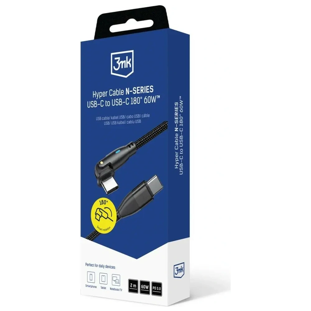 Kabel 3MK Hyper Cable N-SERIES USB-C / USB-C 2m 20V/3A 60W obrotowy czarny