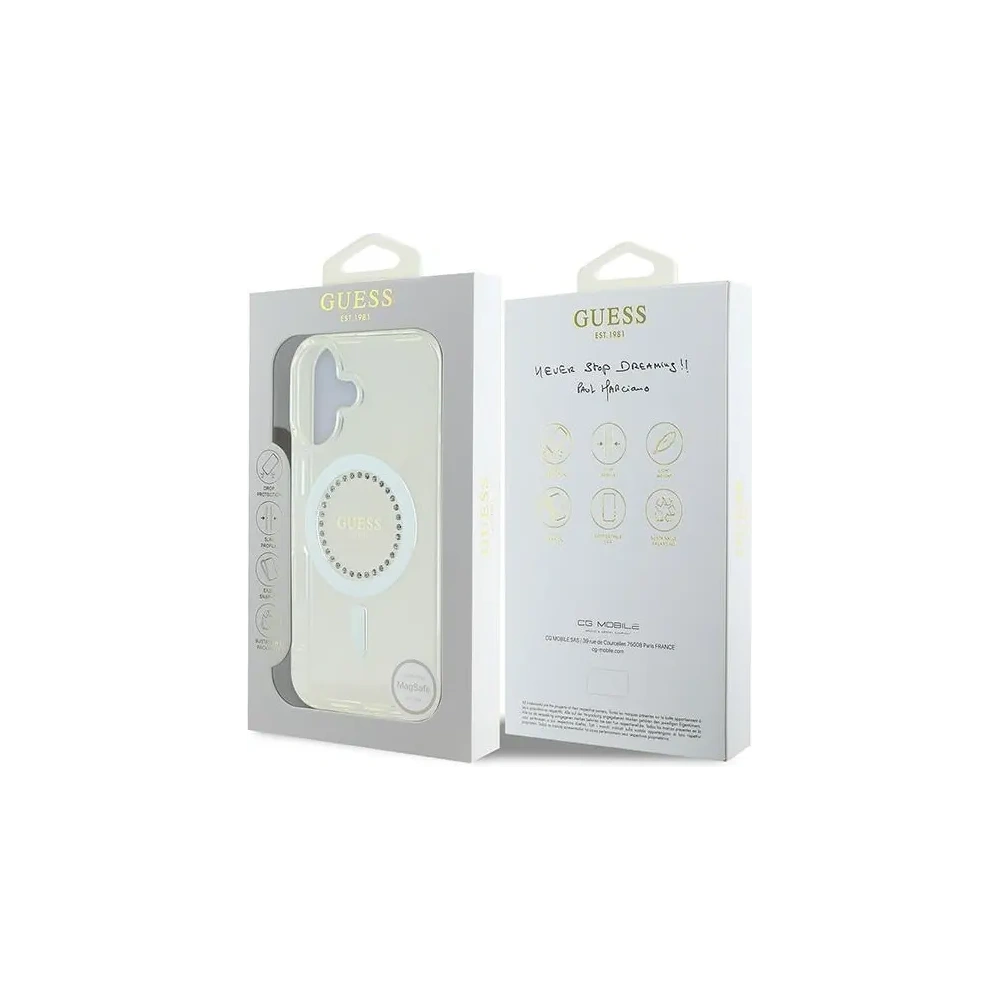 Etui Guess do Apple iPhone 16 hardcase IML Rhinestones MagSafe biały