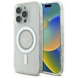 Etui Guess do Apple iPhone 16 Pro Max hardcase IML Rhinestones MagSafe biały