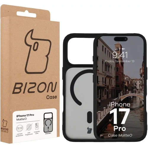 Etui z pierścieniem magnetycznym Bizon Case MatteO do Apple iPhone 17 Pro przydymione-czarne Etui z pierścieniem magnetycznym Bizon Case MatteO do Apple iPhone 17 Pro przydymione-czarne