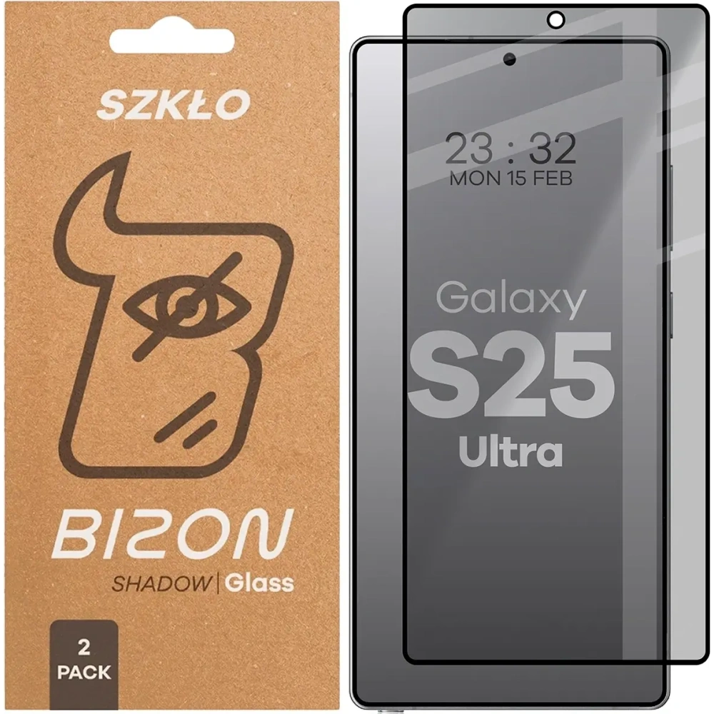Prywatyzujące szkło hartowane Bizon Glass Edge Shadow Duo do Samsung Galaxy S25 Ultra przyciemniane z czarną ramką [2 PACK]