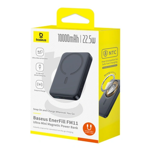 Powerbank Baseus EnerFill FM11 Ultra-Mini 10000mAh 22.5W kompatybilny z MagSafe + kabel Baseus Simple USB-C 20V 3A 30cm czarny Powerbank Baseus EnerFill FM11 Ultra-Mini 10000mAh 22.5W kompatybilny z MagSafe + kabel Baseus Simple USB-C 20V 3A 30cm czarny