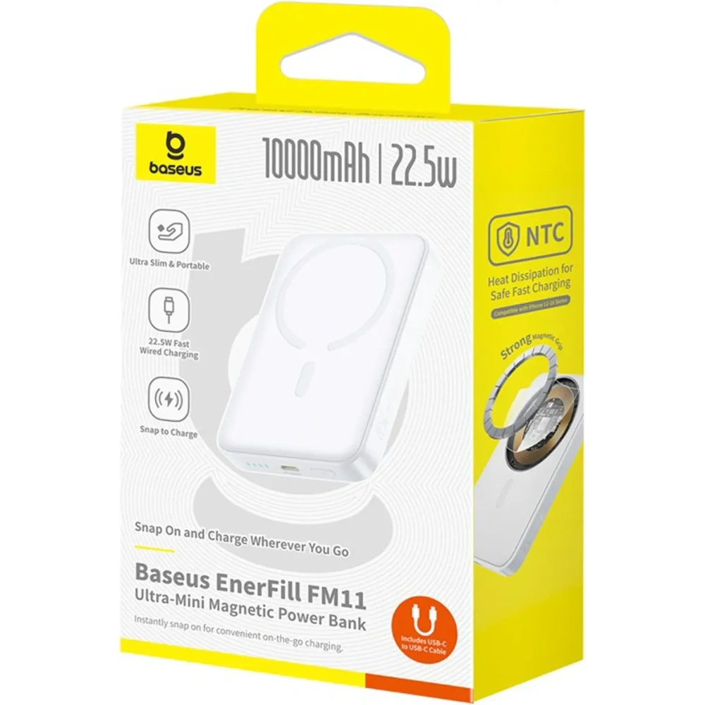 Powerbank Baseus EnerFill FM11 Ultra-Mini 10000mAh 22.5W kompatybilny z MagSafe + kabel Baseus Simple USB-C 20V 3A 30cm biały