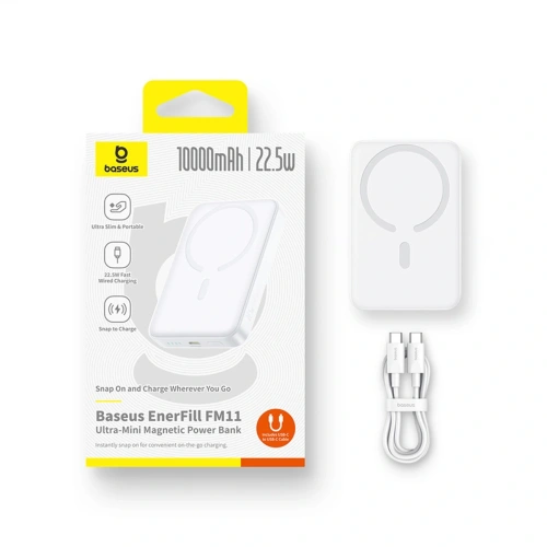 Powerbank Baseus EnerFill FM11 Ultra-Mini 10000mAh 22.5W kompatybilny z MagSafe + kabel Baseus Simple USB-C 20V 3A 30cm biały Powerbank Baseus EnerFill FM11 Ultra-Mini 10000mAh 22.5W kompatybilny z MagSafe + kabel Baseus Simple USB-C 20V 3A 30cm biały