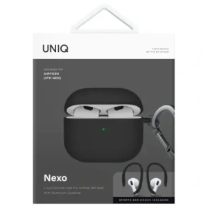Etui UNIQ Nexo do Apple AirPods 4 + Ear Hooks Silicone czarny/black Etui UNIQ Nexo do Apple AirPods 4 + Ear Hooks Silicone czarny/black