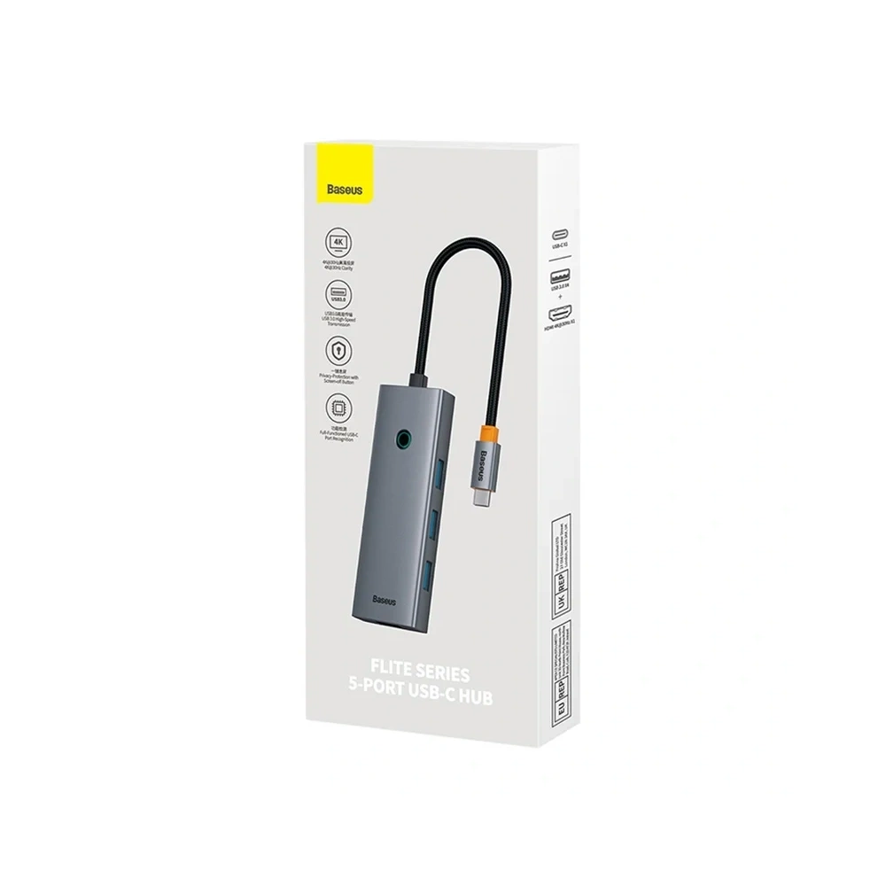HUB 5w1 Baseus UltraJoy 5-Port USB-C / HDMI4K@30Hz, 4xUSB-A 3.0 Szary