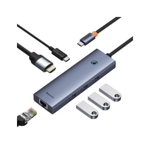 HUB 6w1 Baseus UltraJoy USB-C / HDMI4K@30Hz, 3xUSB-A 3.0+ USB-C PD+RJ45 (szary) HUB 6w1 Baseus UltraJoy USB-C / HDMI4K@30Hz, 3xUSB-A 3.0+ USB-C PD+RJ45 (szary)