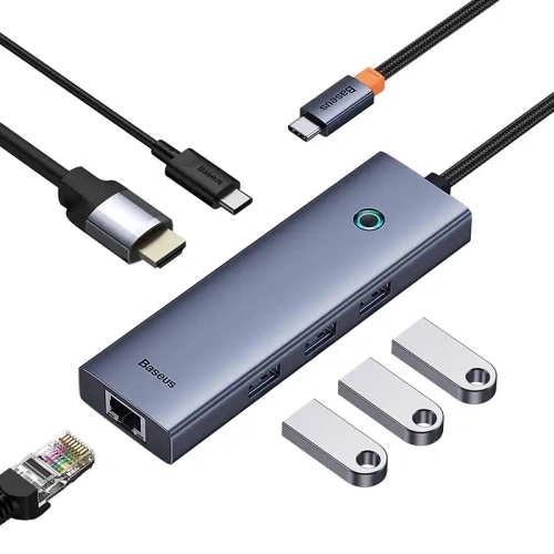 HUB 6w1 Baseus UltraJoy USB-C / HDMI4K@30Hz, 3xUSB-A 3.0+ USB-C PD+RJ45 (szary) HUB 6w1 Baseus UltraJoy USB-C / HDMI4K@30Hz, 3xUSB-A 3.0+ USB-C PD+RJ45 (szary)