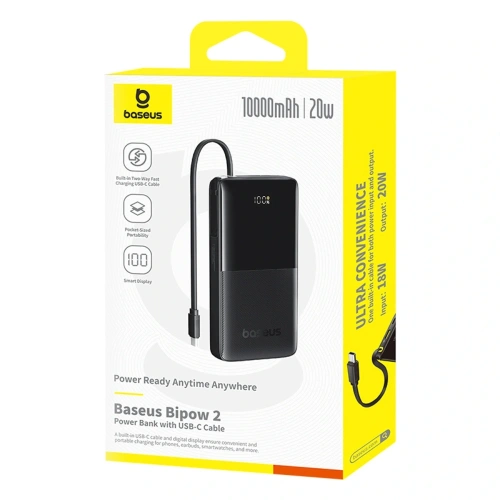Powerbank Baseus Bipow 2 10000mah 20W z cyfrowym wyświetlaczem + wbudowany kabel USB-C czarny