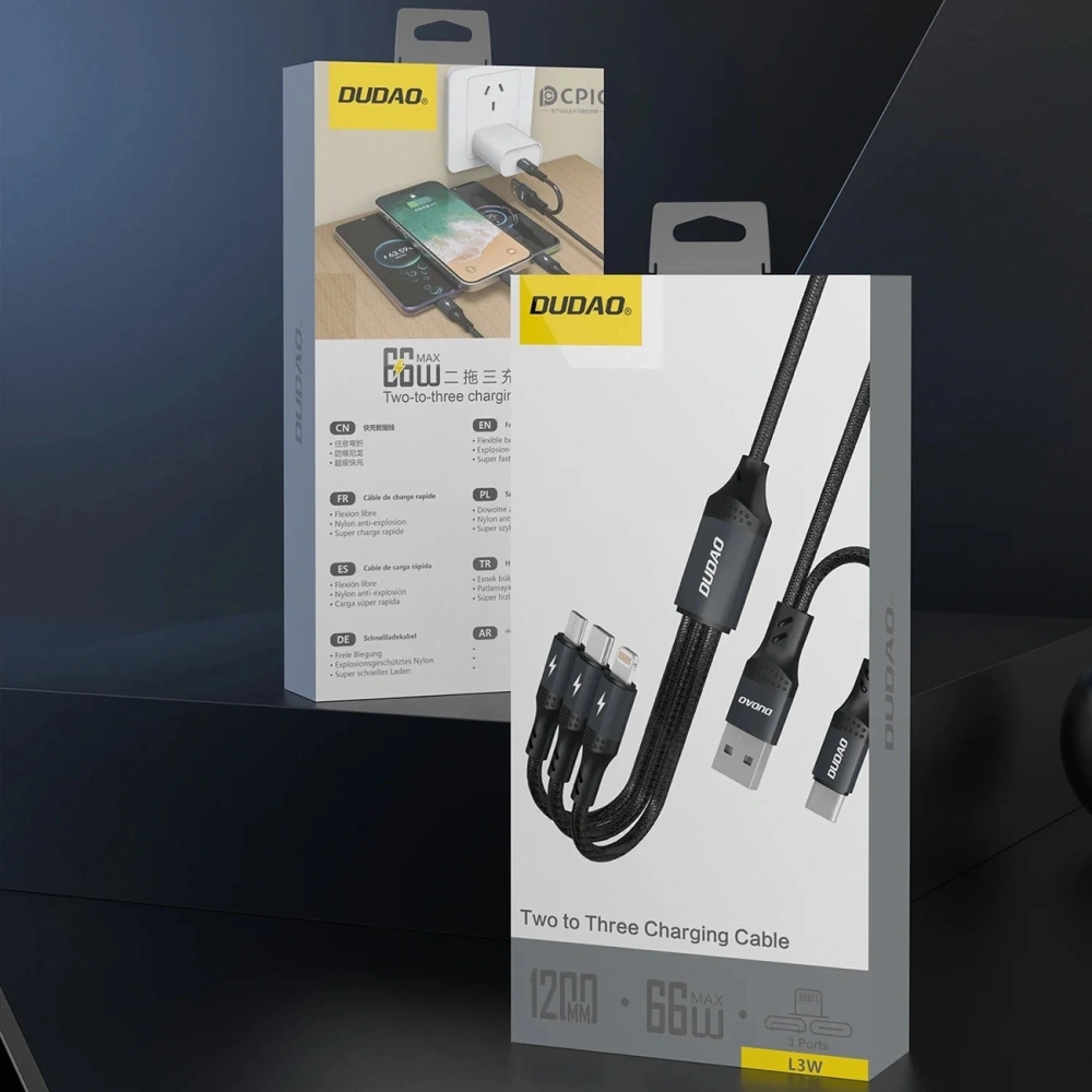 Kabel Dudao L3W USB-A / USB-C do Lightning / USB-C / MicroUSB 66W czarny