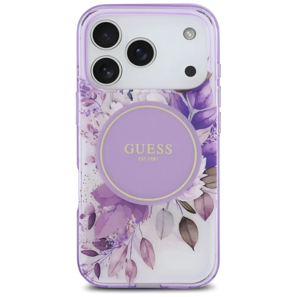 Etui Guess IML Flower & Tonal Circle MagSafe do Apple iPhone 17 Pro fioletowy
