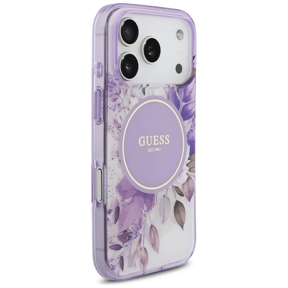 Etui Guess IML Flower & Tonal Circle MagSafe do Apple iPhone 17 Pro fioletowy