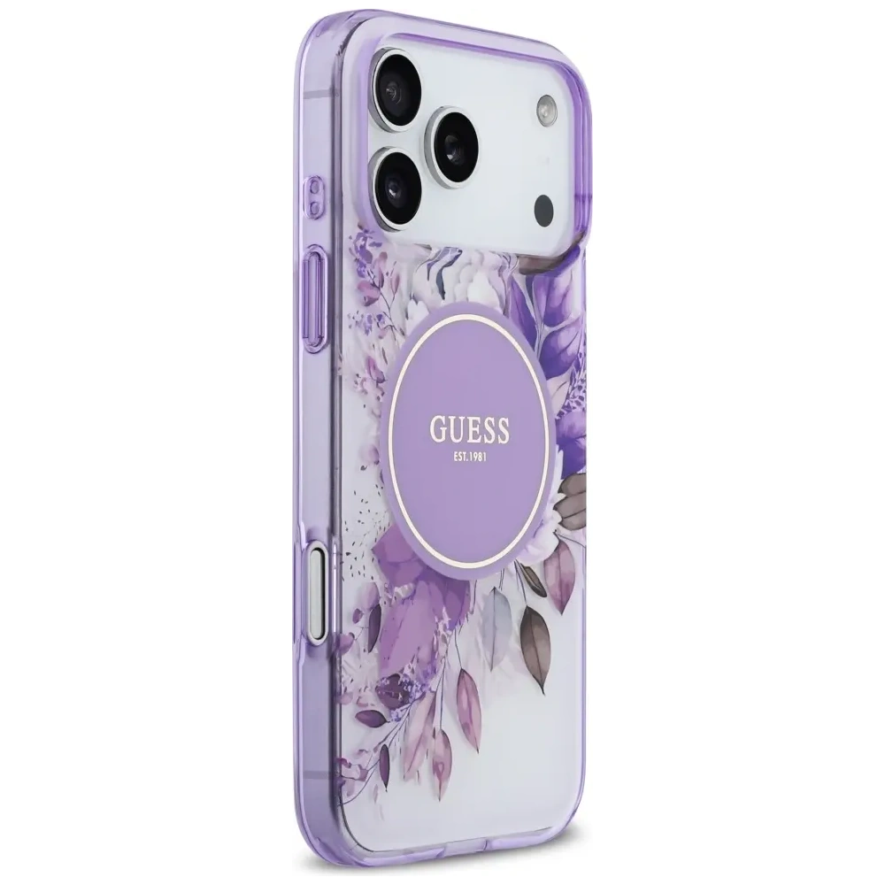 Etui Guess IML Flower & Tonal Circle MagSafe do Apple iPhone 17 Pro Max fioletowy