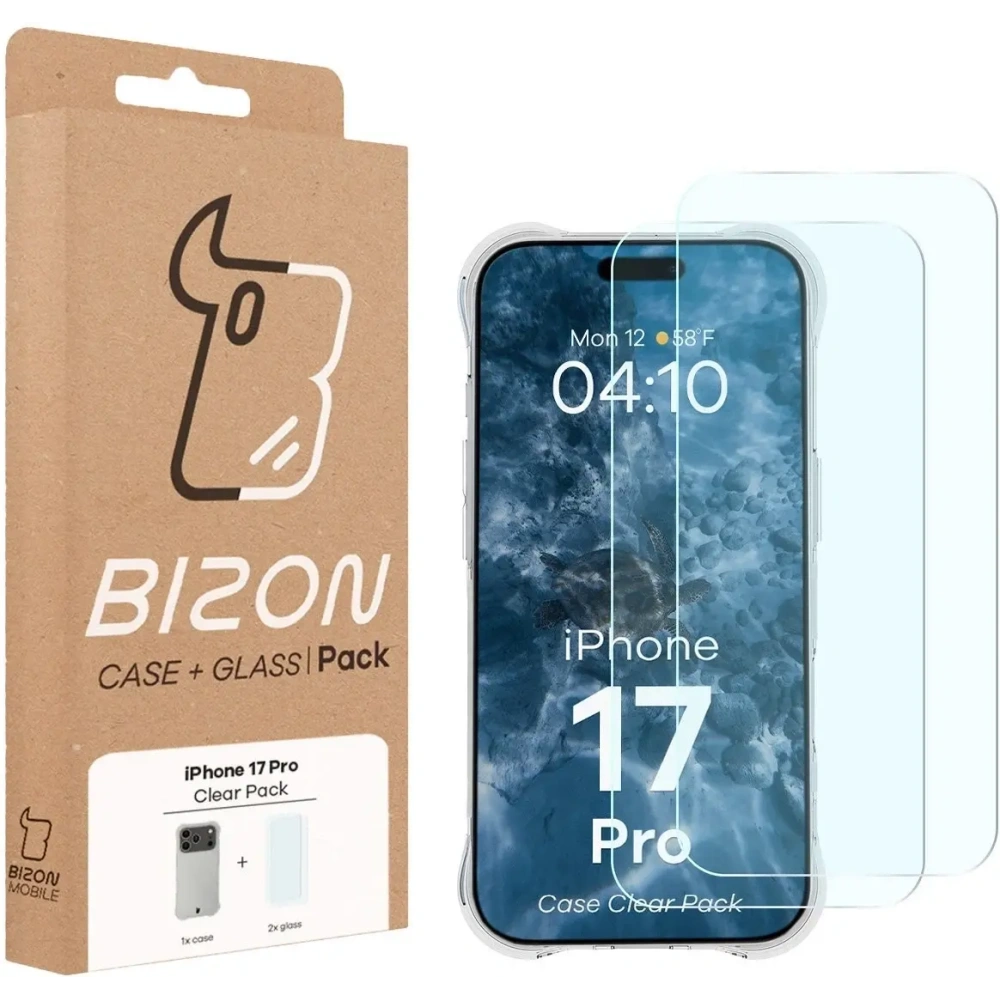 Elastyczne etui + 2x szkło hartowane Bizon Case Clear Pack do Apple iPhone 17 Pro