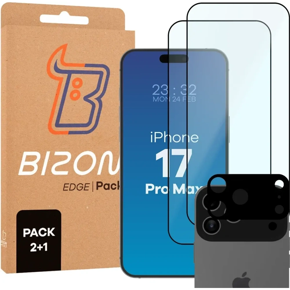 2x Szkło + szybka na aparat Bizon Edge Pack do Apple iPhone 17 Pro Max