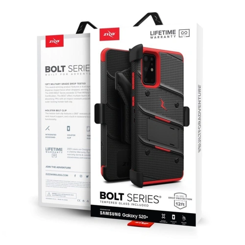 Kup Pancerne etui Zizo Bolt Cover Samsung Galaxy S20+ Plus a základna & držák na pás (Černá/Červená) - ZIZ032BLKRED - {ean13} - Sklep Home Screen