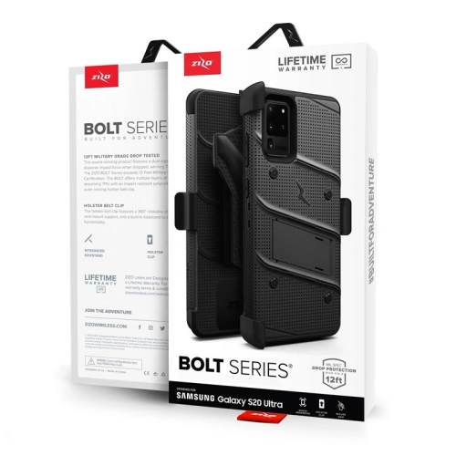 Kup Pancerne etui Zizo Bolt Cover Samsung Galaxy S20 Ultra a stojan & držák na pás (Černá/Černá) - ZIZ035BLK - {ean13} - Sklep Home Screen