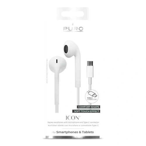 Kup Słuchawki USB-C PURO ICON Stereo Earphones z płaskim kablem z mikrofonem i pilotem (biały) - PUR299WHT - {ean13} - Sklep Home Screen