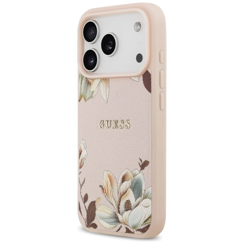 Etui Guess Grained Flowers Classic Logo MagSafe do Apple iPhone 17 Pro różowy