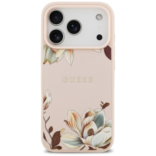 Etui Guess Grained Flowers Classic Logo MagSafe do Apple iPhone 17 Pro różowy