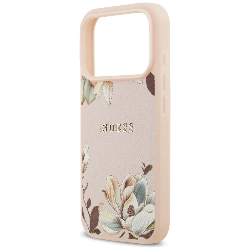 Etui Guess Grained Flowers Classic Logo MagSafe do Apple iPhone 17 Pro różowy