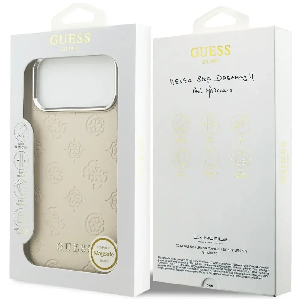 Etui Guess Peony Hot Stamp Script MagSafe do Apple iPhone 17 Pro Max beżowy