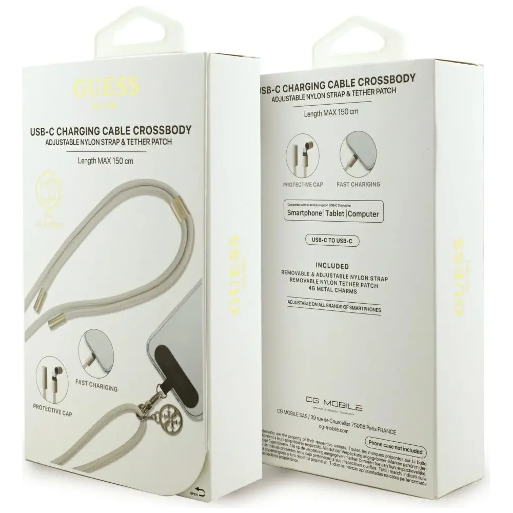 Kabel Guess CBDY 4G Charm USB-C / USB-C 150cm beżowy