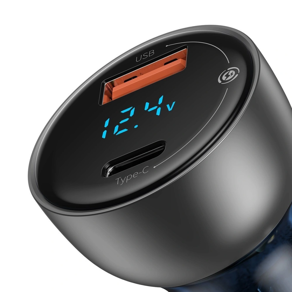 Ładowarka samochodowa Baseus Particular Digital Display z wyświetlaczem, USB + USB-C, QC3.0+PD, 5A, 65W (srebrna)