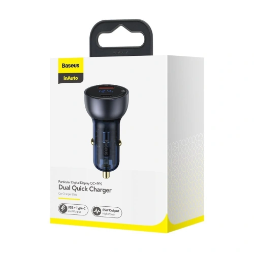 Kup Ładowarka samochodowa Baseus Particular Digital Display z wyświetlaczem, USB + USB-C, QC3.0+PD, 5A, 65W (szara) - BSU1597GRY - {ean13} - Sklep Home Screen