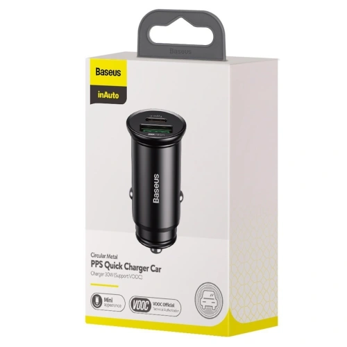 Kup Încărcător auto Baseus Circular Metal, QC 4.0 + PD 3.0, VOOC, SCP, AFC, MTK PE, 30W (negru) - BSU1598BLK - {ean13} - Sklep Home Screen