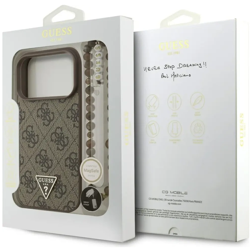 Etui Guess 4G Strap Triangle Logo MagSafe do Apple iPhone 17 Pro brązowy