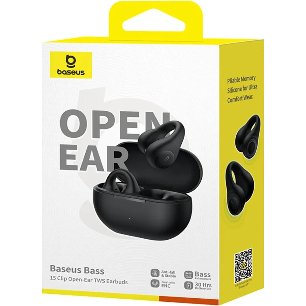 Bezprzewodowe słuchawki Baseus Bass 15 Clip OWS + kabel Baseus Simple USB-C 3A 30cm czarne