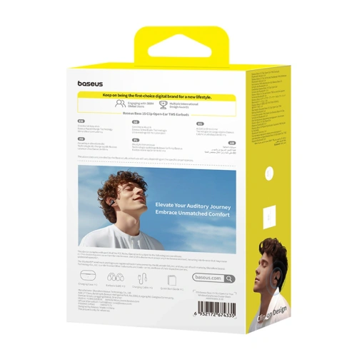 Bezprzewodowe słuchawki Baseus Bass 15 Clip OWS + kabel Baseus Simple USB-C 3A 30cm czarne